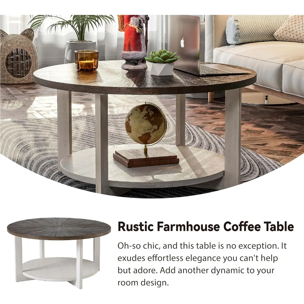 Mesas de centro redondas de madera con almacenamiento, mesa de centro rústica de granja con tapa de madera desgastada, mesa circular grande para sala de estar