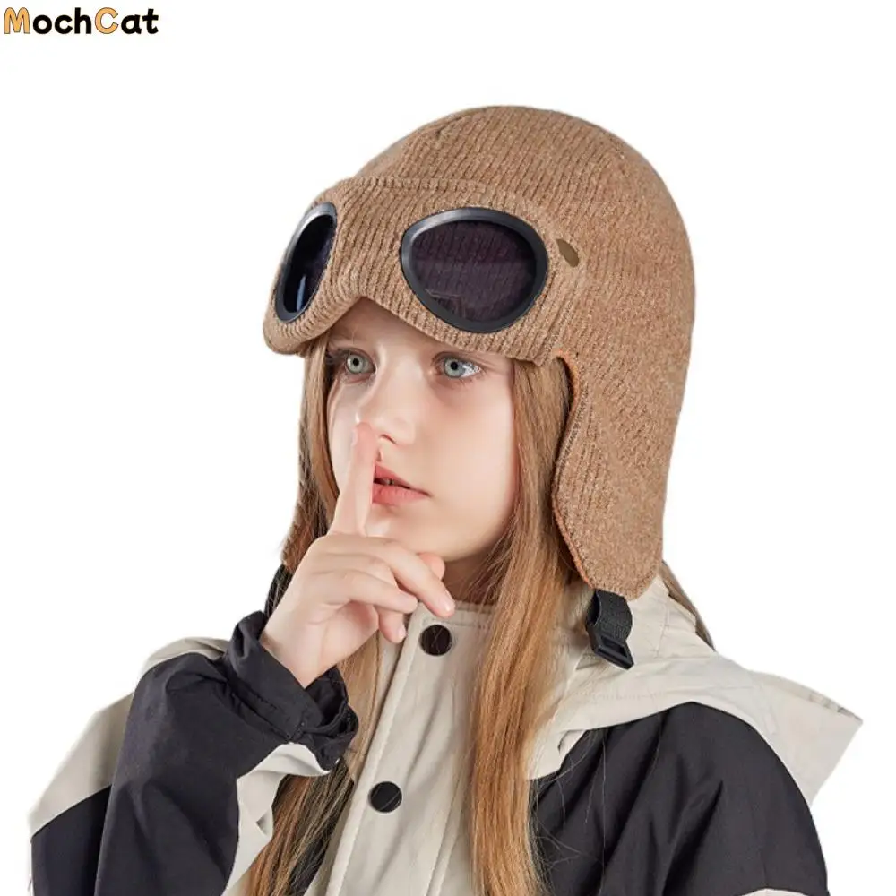 

Neck Protection Children Glasses Hat Buckle Comfortable To Wear Warm Cap With Goggles Adjustable Ear Cap Kids Knitted Beanies