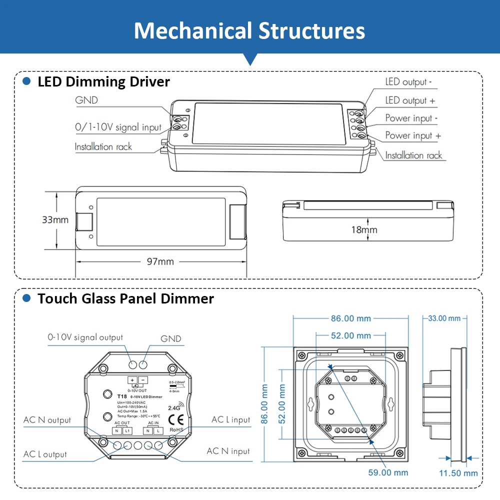 Dimmer 1-10v LV Dimming Driver 0-10V Dimmer with Remote Control T18 Wall Panel Dimmable Touch Dimer for DC 5V 12V 24V 36V Light