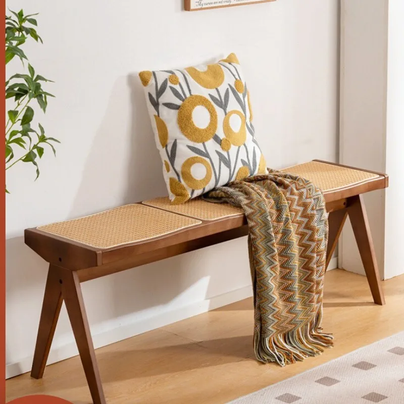 Rattan Bench Chandigarh Bench Three-person Bench Wabi Silent Wind Retro Entrance Shoe Change Stool Home Dining Chair Stool