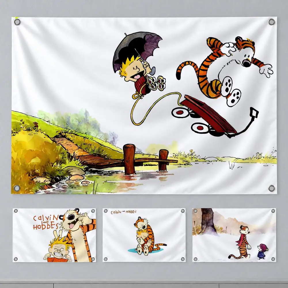 Classic Comic Calvin and Hobbes Flags Wall Hanging Banner Indoor Outdoor Party Home Wall Decor Backdrop