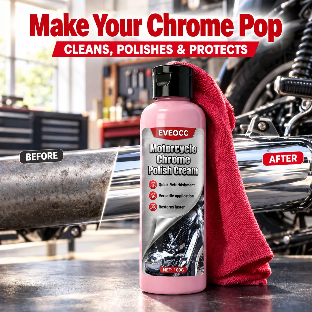 Premium Chrome Polish Cream for Motorcycle, Metal Brightening Paste Oxidation Remover Restores Gloss for Motorbike Chrome Parts