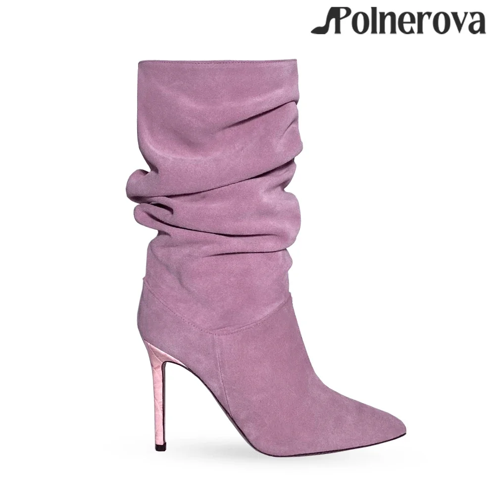 Pointed Toe Ruched Boots Stiletto Heel Tubular Suede Boots Fashion Sexy Style Multicolor Suede Modern Boots Concise Classic Boot