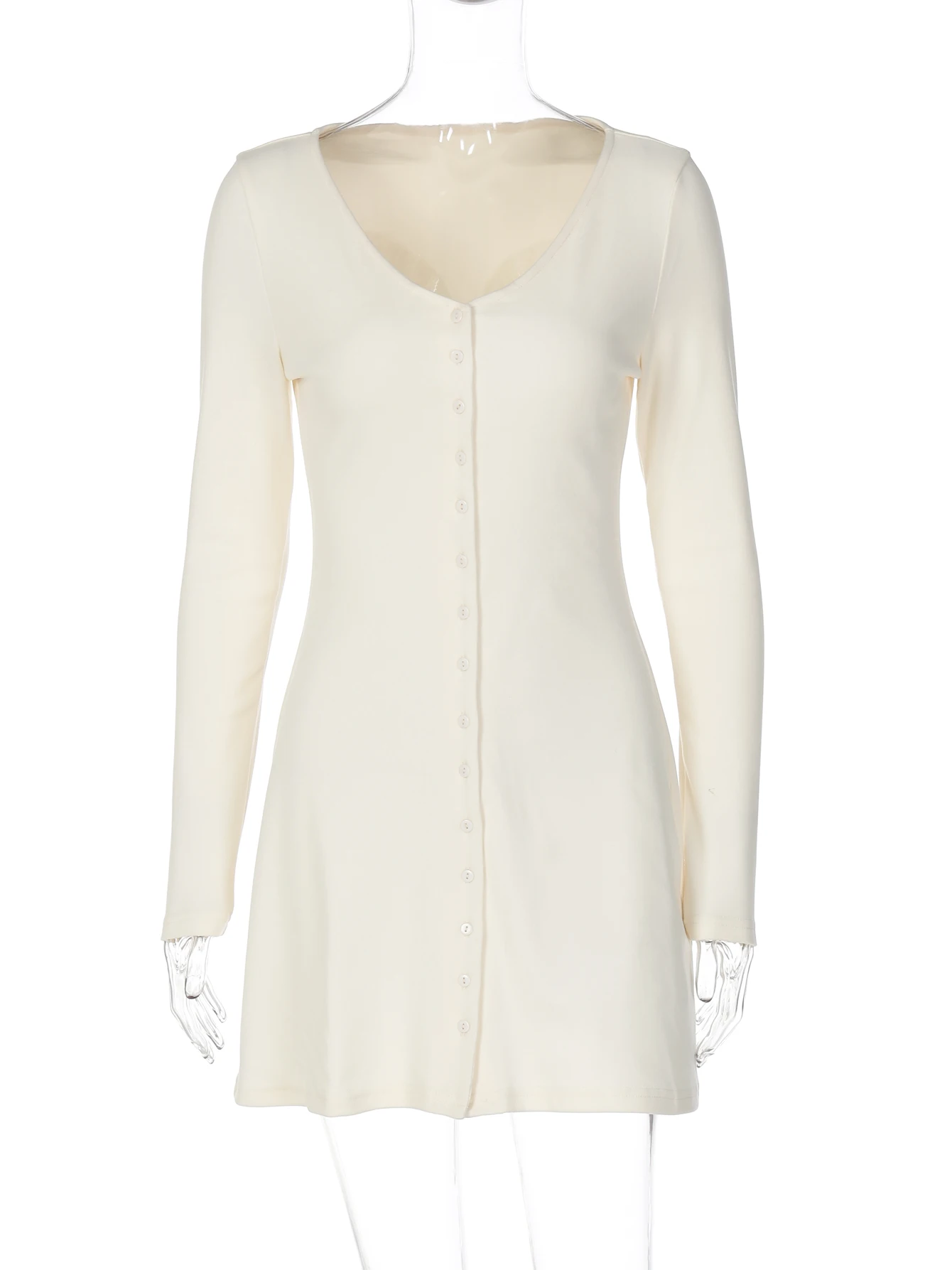 Dulzura 2025 الخريف موضة مثير الخامس الرقبة طويلة الأكمام واحدة الصدر سليم فستان قصير الصلبة فستان المرأة عادية ملابس النادي الحفلات