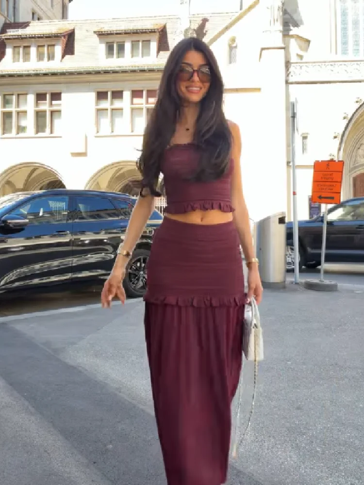 Ruched Knit Top And High Waist Long Skirt 2 Piece Set Ruffled Hollow Out Burgundy Outfit for Party Date Vacation Wedding Guest