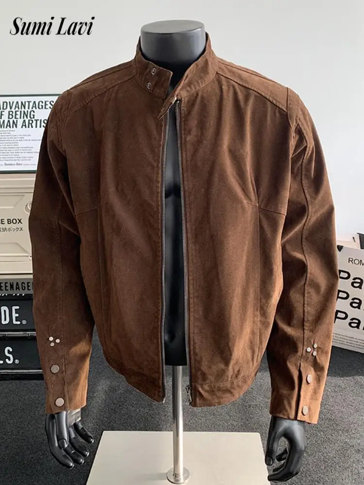 

Spring Autumn New Casual Mens Outerwear Vintage Lapel Zipper Patchwork Suede Coats For Men Fashion Solid Color Crop Cardigans