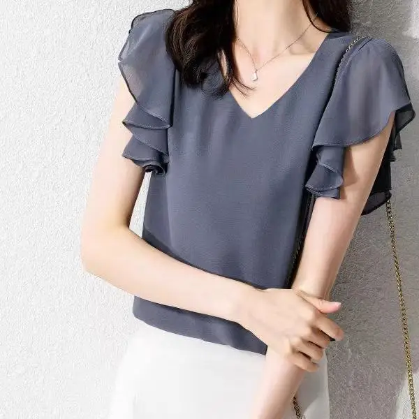 Elegant Short Sleeve V-Neck Loose Chiffon Blouse Beautiful Lace Puff Sleeve Spring Summer New Style Women's Fashion Top