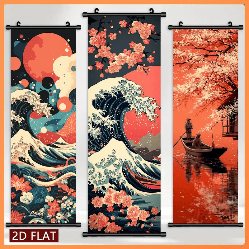VIKAMA Ukiyo-e Wave Scroll Tapestry, Kanagawa Cherry Blossoms and Mount Fuji Vertical Wall Hanging, Bedroom Home Decor