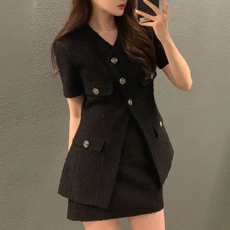 Elegant V-neck Single-breasted Textured Pocket Decoration Short Coat+high Waist Pocket Hip Skirt 2024 Summer Korean Chic Coats