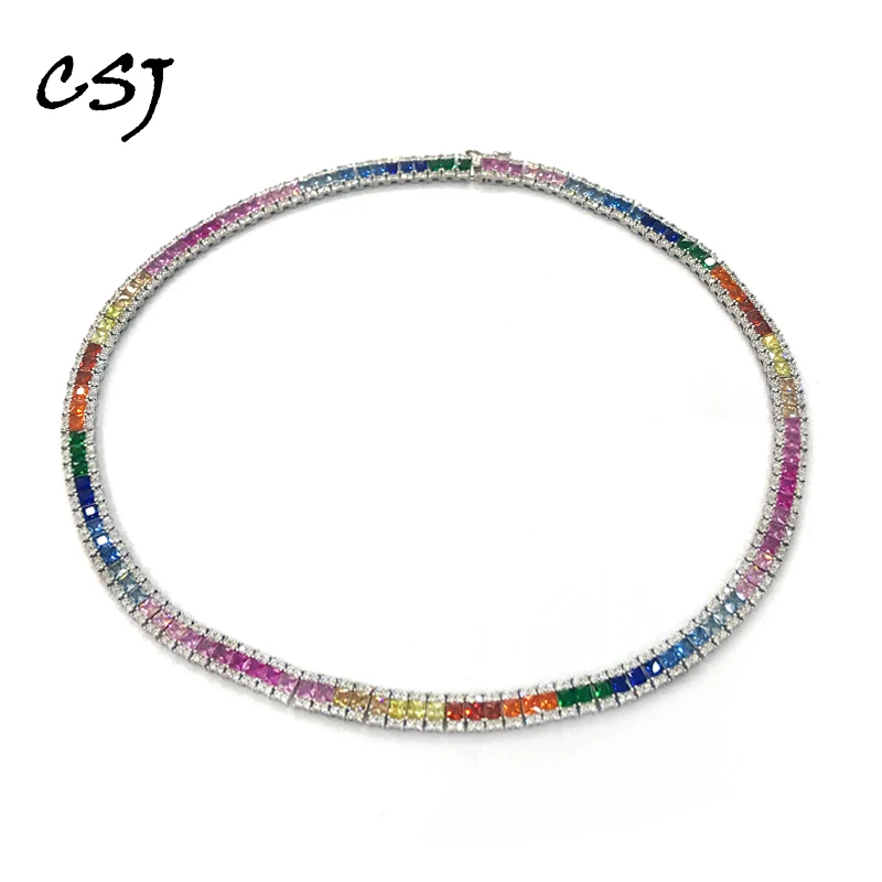 

Luxury 925 Silver Tennis Chain Necklace Sterling Setting Pave SQ3mm Sparkly Rainbow Zircon for Women Man Party Jewelry Gift