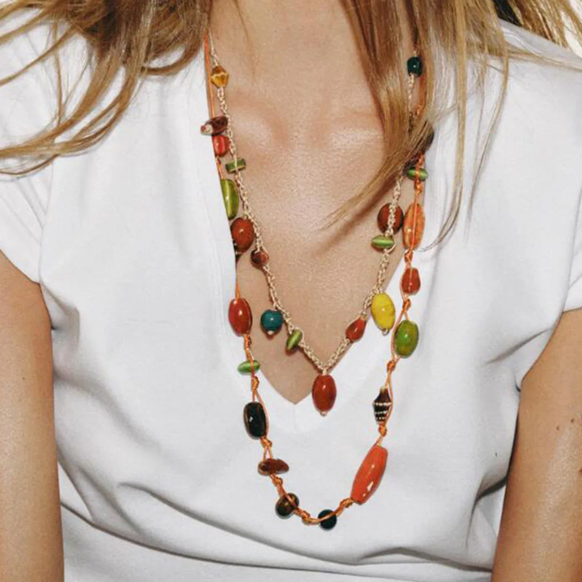 Organic Pebble Shape Bead Strand Warm Sunset Tone Layering Cord Choker Coast Beach Vacation Vibe Natural Inspired Necklet