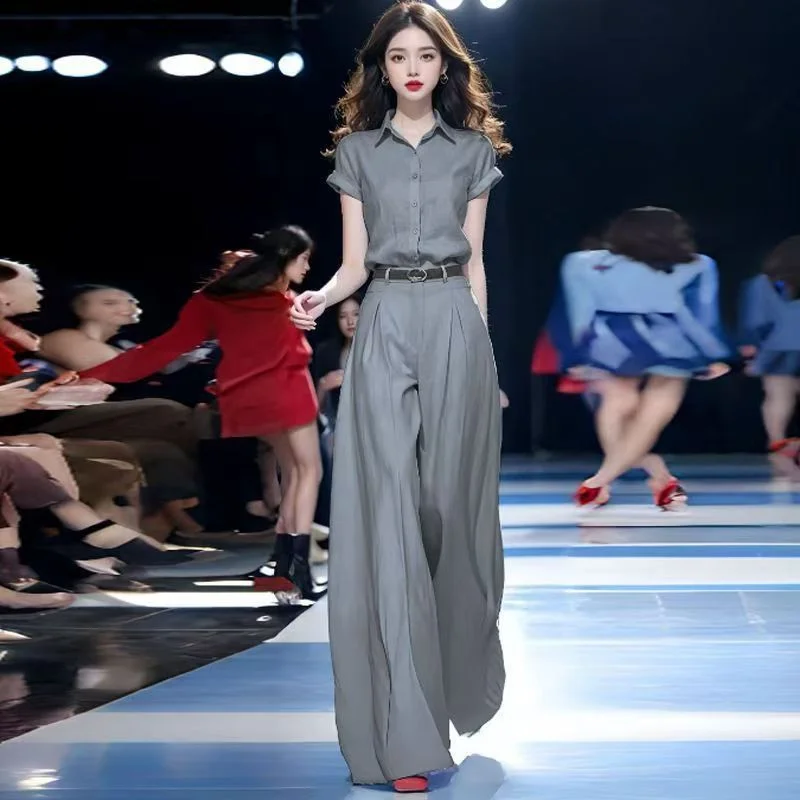

Versatile Fashion Temperament Suit Women's 2026 Summer New Thin Short-sleeved Shirt Wide-leg Pants Two-piece Suit Women's Trend