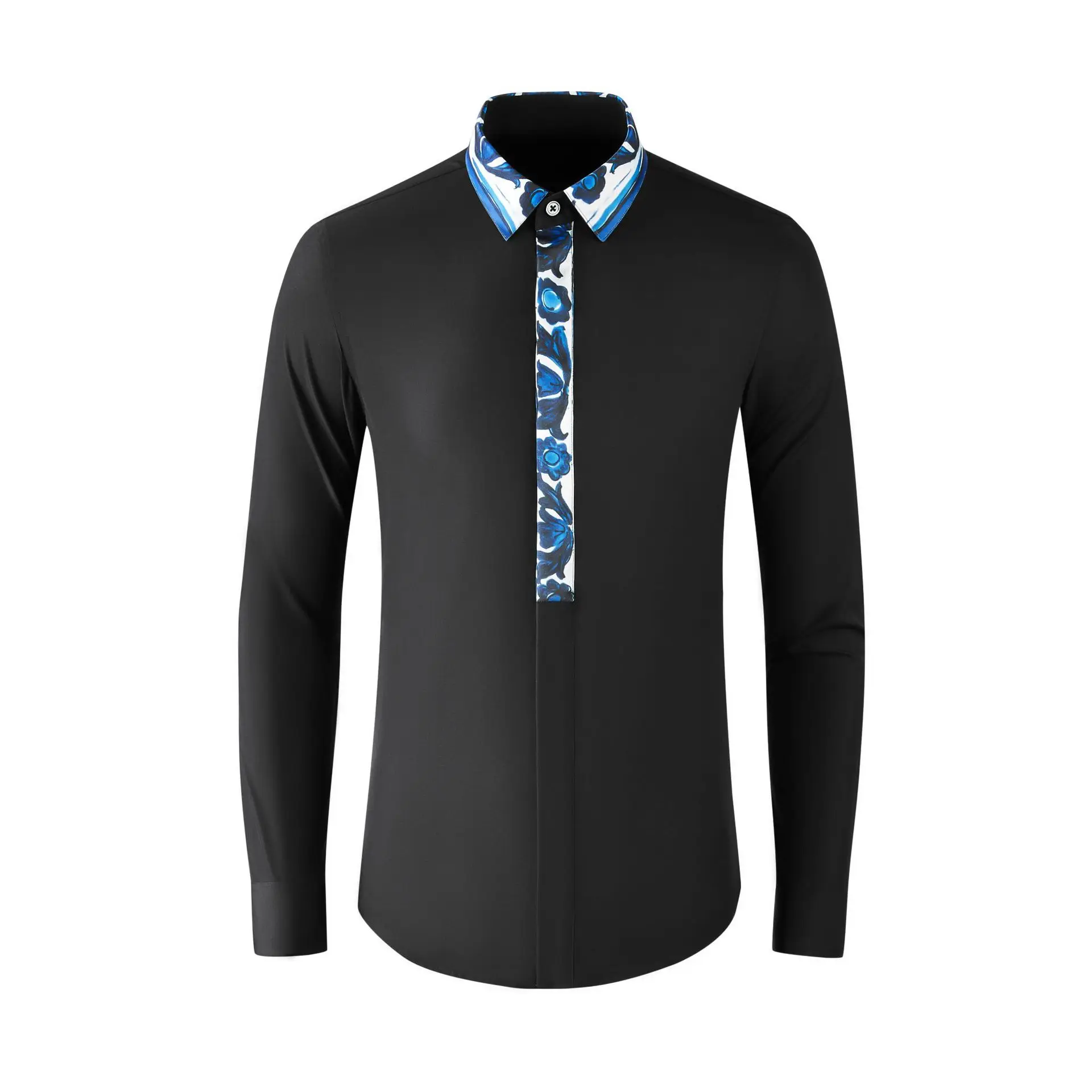 New Blue and Floral Collar with Collar Panel for Men's Shirts Fashionable and avant-garde Personalized Color Contrast