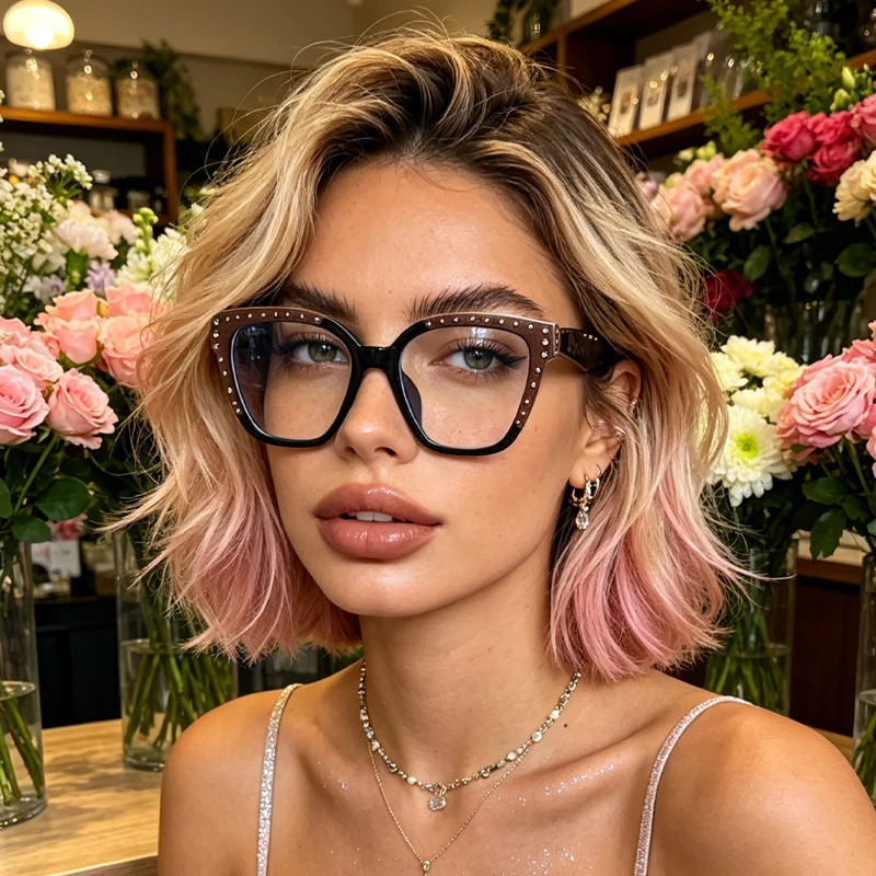 1pc ladies trendy cat glasses frame stitching rivet design fashion glasses daily commute thin glasses