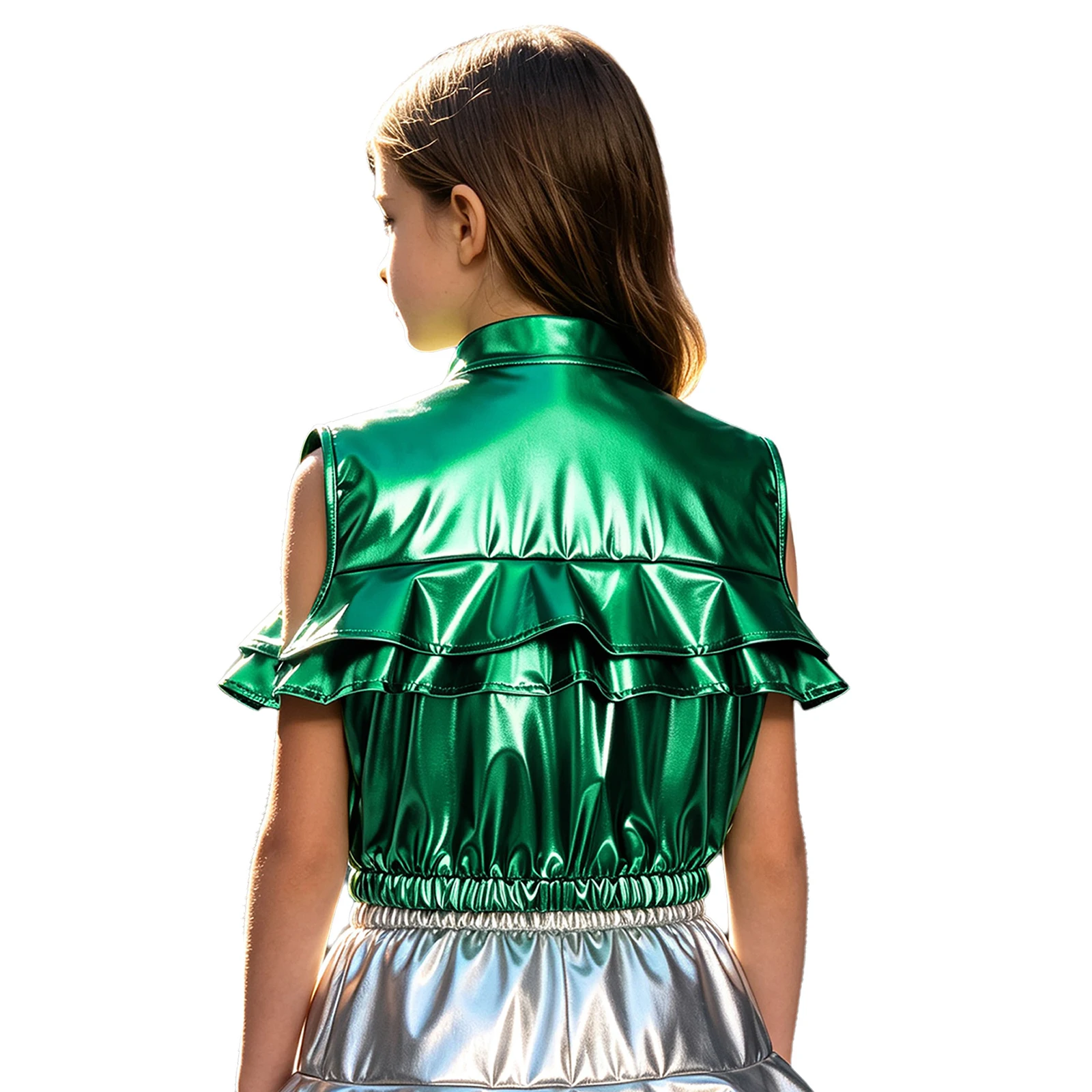 Kids Girls Metallic Ruffled Vest Top Elastic Hem Zipper Front Sleeveless Jacket with Pockets for Hip-hop Jazz Dance Performance
