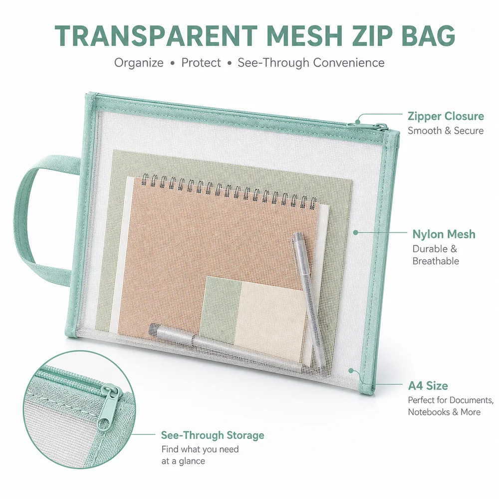 New Nylon Mesh Zip Bag Transparent A4 File Storage Bag Dust Resistant Morandi Style File Folders Office Supplies