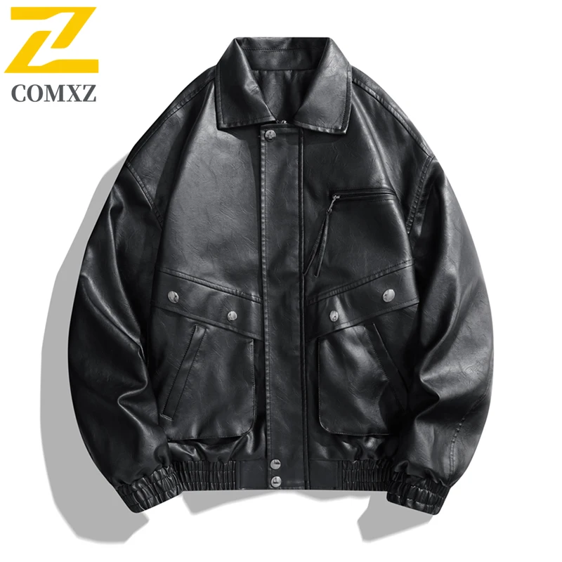 COMXZ Mens Leather Jacket Outdoor Adventure Windproof Leather Coats Fashion Stand Collar Loose Durable Autumn Winter New Coat​