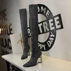 Sexy Women Over The Knee Boots High Mature Heels European and American Fashion Simplicity Metal and Thick Heels Women's Shoes