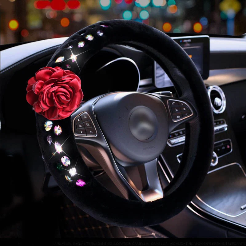 Luxury Crystal Rose Flower Car Steering Wheel Covers Hand Sewing Rhinestone Soft Plush Steering-Wheel Cover Car Decoration