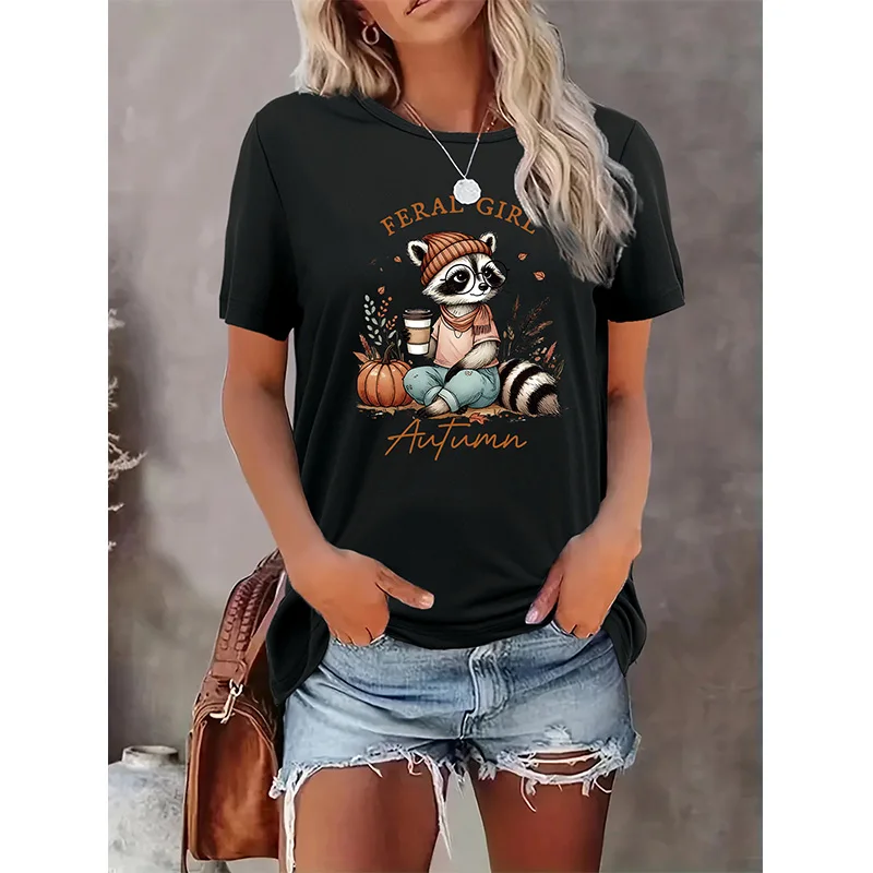 

Raccoon Fall Vintage Feral Girl Print T-shirt, Short Sleeve Crew Neck Casual Top for Summer & Spring, Women's Clothing