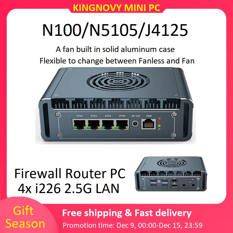 12th Gen Intel N100 Firewall Mini PC 4x i226 2.5G LAN Router Celeron N5105 J4125 PVE pfSense desktop Computer Aluminum with Fan