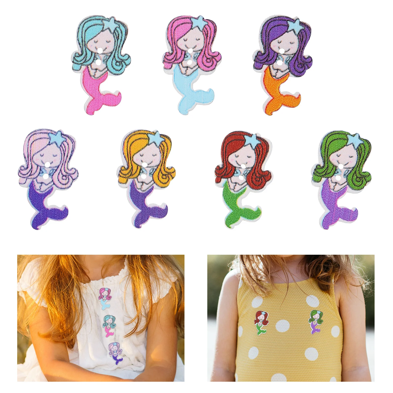 

100pcs Mermaid Shape Colorful Wooden Buttons 2 Holes Diy Sewing Craft Decorative Button For Clothing Shirt Jeans Knitting
