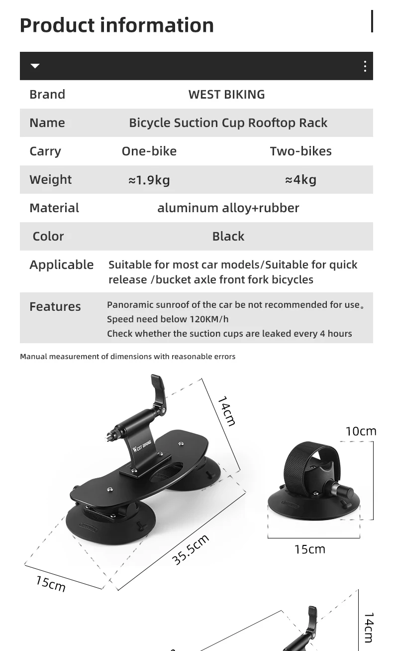 WEST BIKING Auto-Dachgepäckträger mit Saugnapf, Vakuum-Adsorptions-Fahrradhalter für SUV, Limousine, Kofferraummontage, Fahrradzubehör – Detail 2