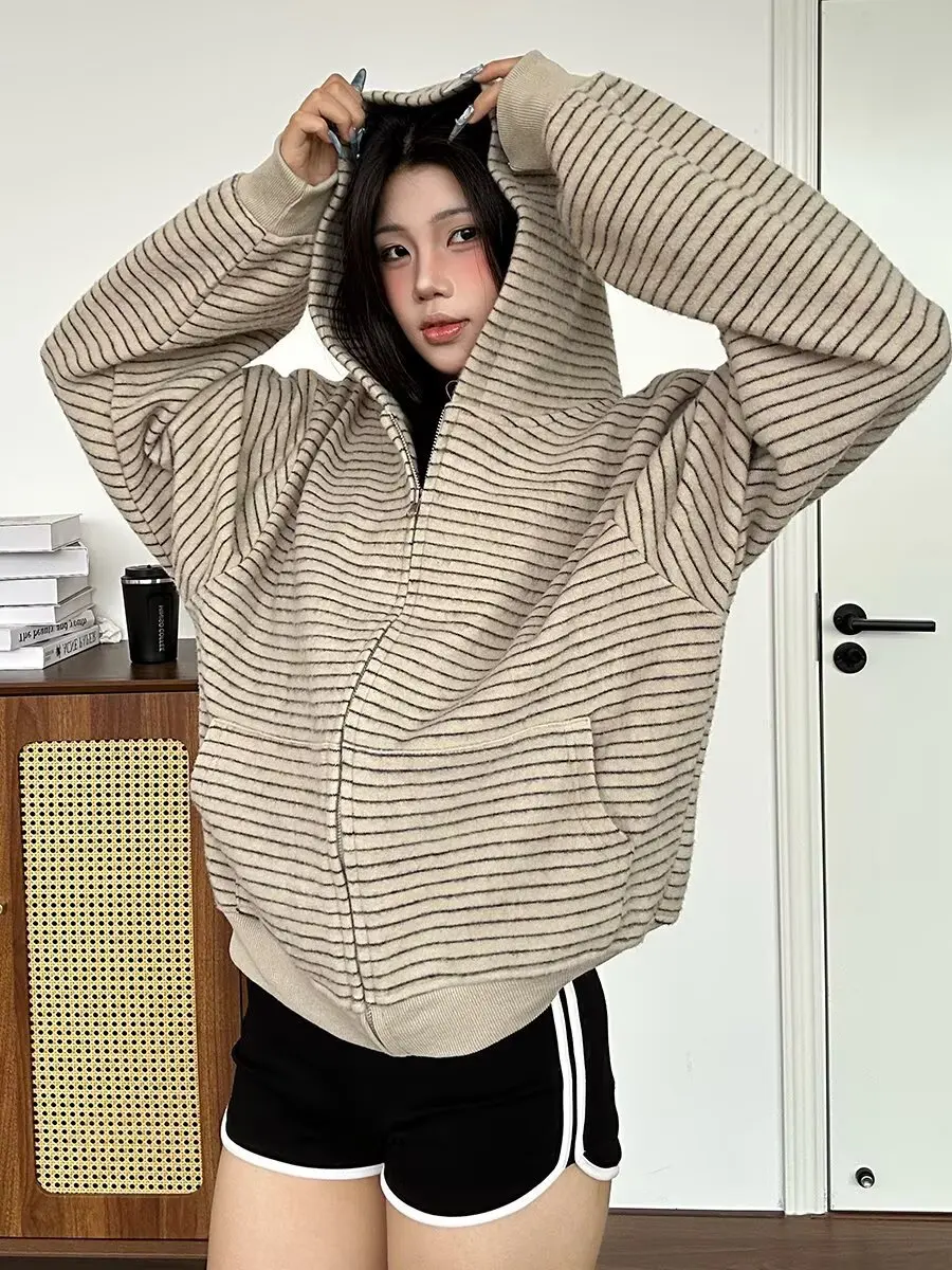 

Korean Sle Striped Open Cardigan Hoodie Women's Loose Casual Loose Slimming Outerwear Trendy Spring Autumn American Retro
