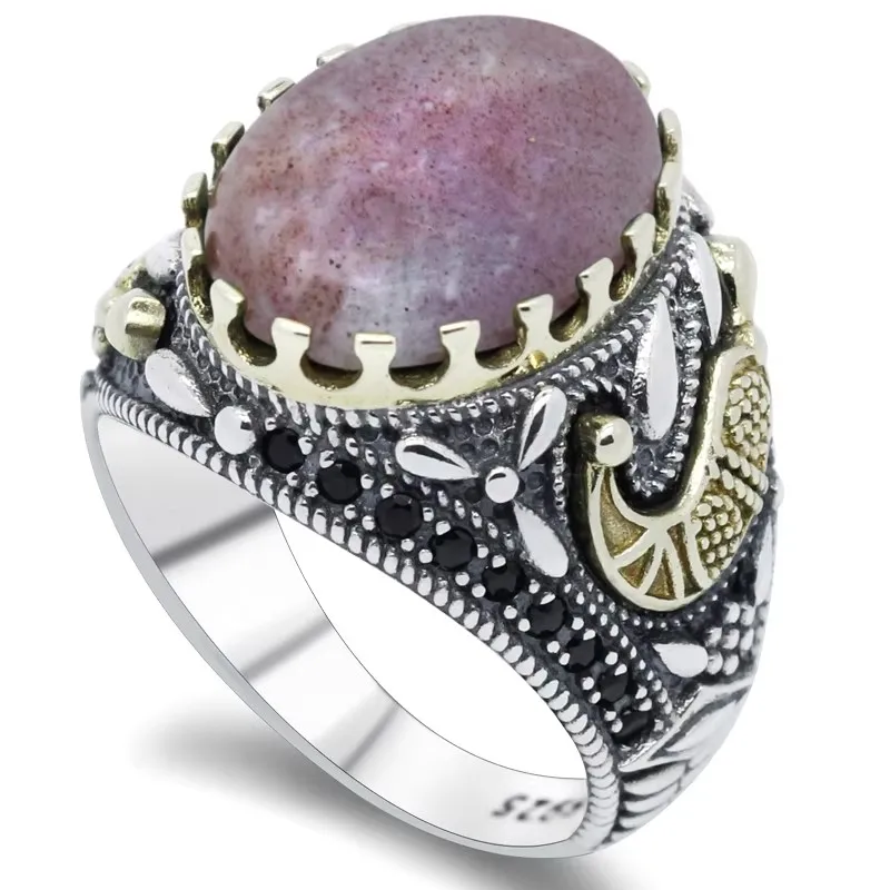 S925 pure silver men's retro natural Indian agate stone handmade ring men's luxury party holiday gift