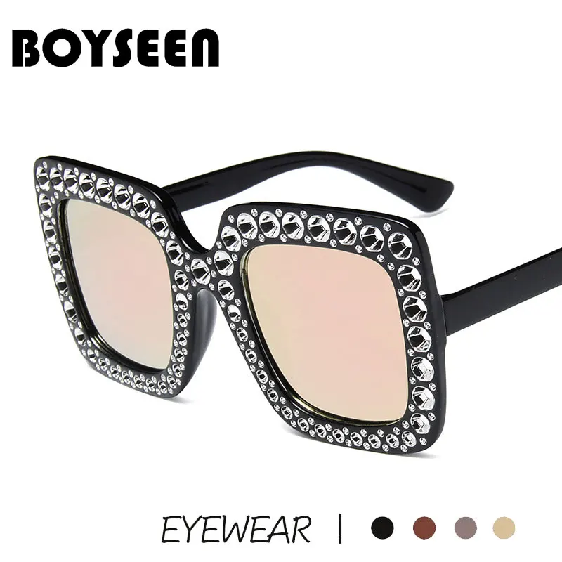 BOYSEEN Crystal Oversized Sunglasses for Women Rhinestone Square Diamond Sun Glasses Retro Big Frame Sparkling Glasses UV400