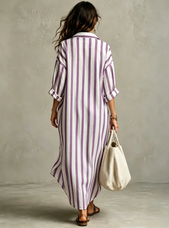 Damen Langes Gestreiftes Hemdkleid V-Ausschnitt Locker Lässig Sommer Urlaub Mode Europäischer und Amerikanischer Grenzüberschreitender Stil – Detail 19