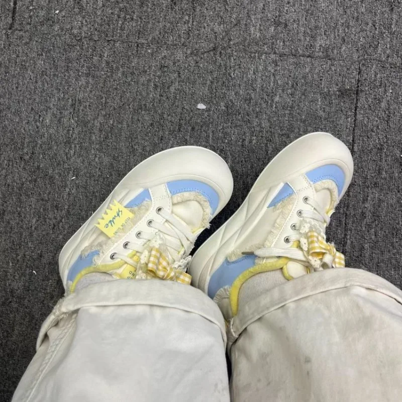 Kawaii Women Cream White Platform Bread Sneakers Fleece Lined Yellow Plaid Bow Lace Decor Thick Sole Winter Warm Shoes