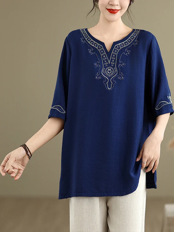 プラスサイズの女性の綿麻刺繍半袖 Tシャツラウンドネックルーズ痩身トップ夏新着通勤スタイル