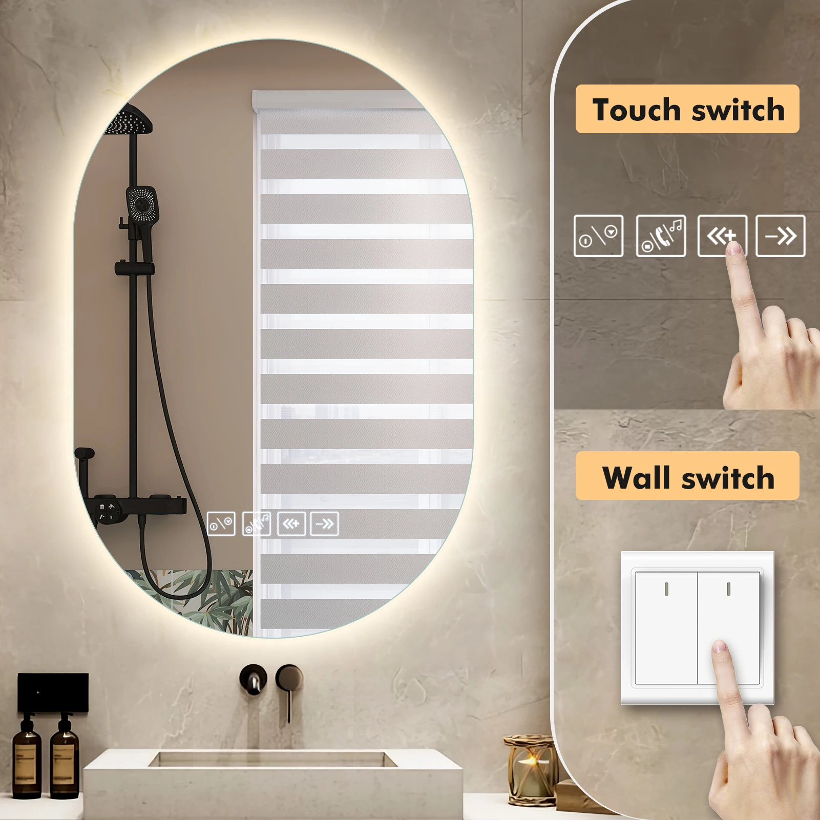 Specchio da bagno ovale con illuminazione a LED, 3 temperature di colore (3000K, 4500K, 6500K), intensità regolabile, funzione antiappannamento, display orario, da parete, ideale come specchio da