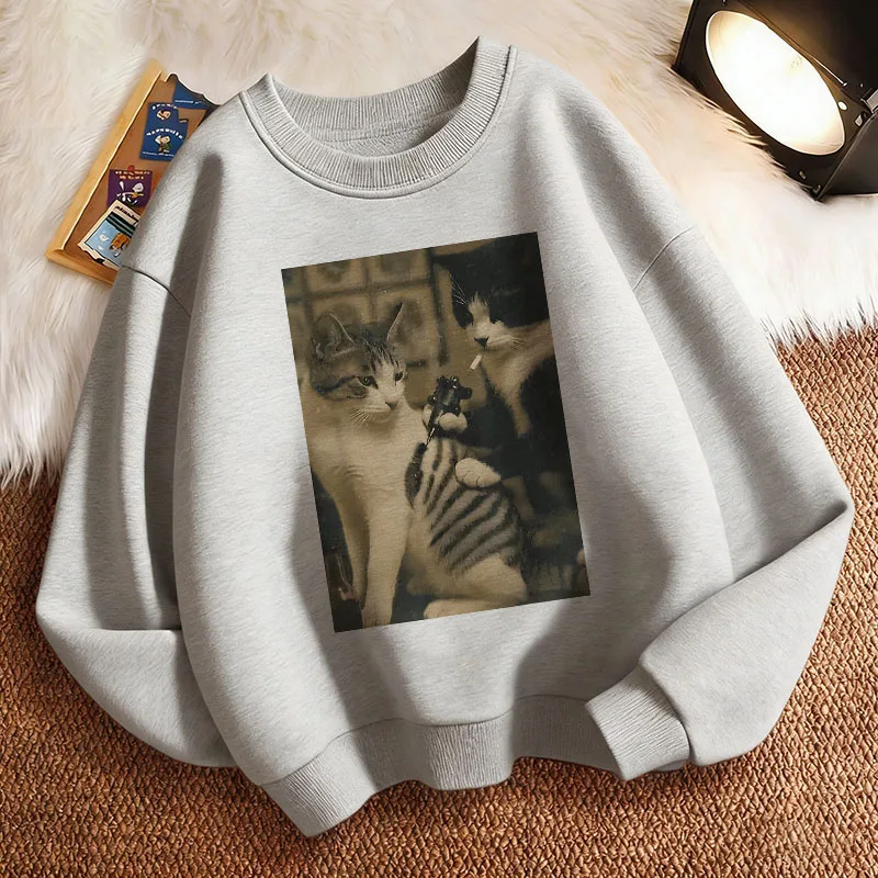 Retro Smoking Cat Design Bedruckter Lustiger Pullover Frühling Rundhals Grafik-Print Hoodie Jungen/Mädchen Kinder Sweatshirt