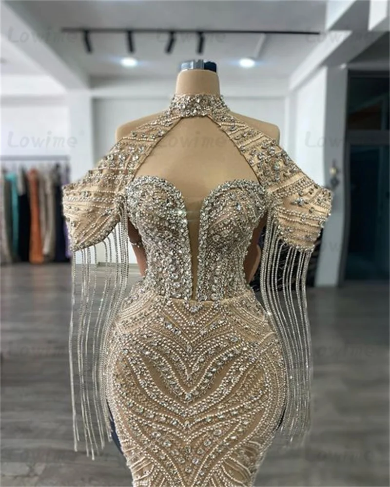 Champagne Arabic Evening Dress Aso Ebi Mermaid Prom Dresses Beaded Crystals Tassel Luxurious Formal Party Second Reception Gowns