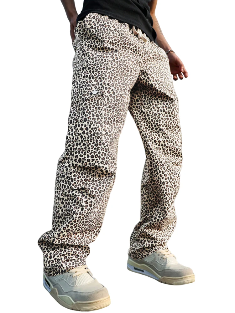 

TRAF весенне-летние новые мужские леопардовые брюки, свободные широкие брюки на шнурке, модная мужская одежда для уличной стрельбы