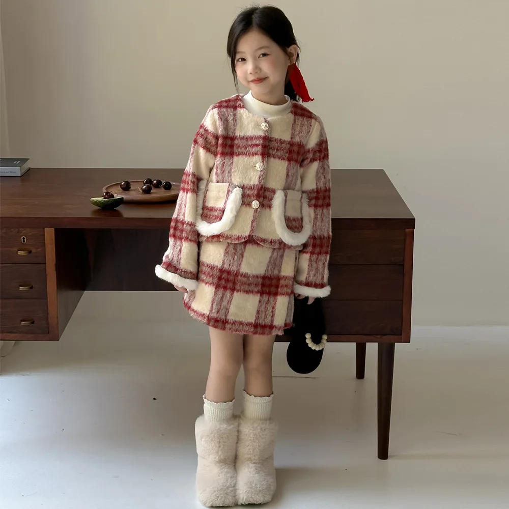 Girls Suits 2024 Winter Girls Wool Pocket Coat Skirt Female Treasure Temperament Red Check Two-piece Set Korean Simple Style