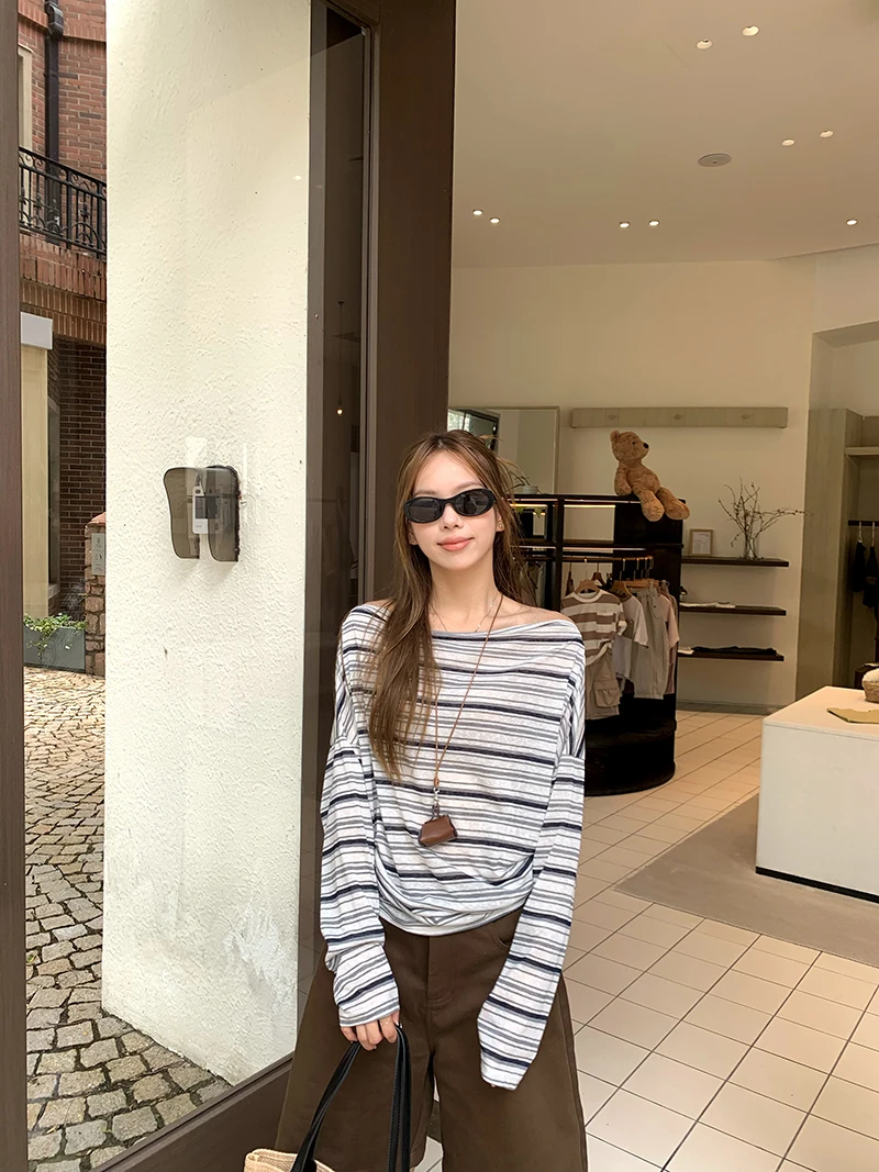 

Long Sleeved T Shirt Girl Woman Womens Summer Cotton Panel Relaxed Fit Drop Shoulder Ultralight Student Breezy Leisure Modern OL