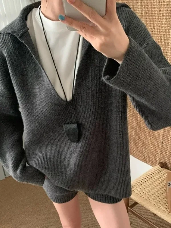 

Faionable Loose Knitted Sweater Women's Clothing Large V-Ne Lazy Sle Two-Piece Set ort Pants Autumn 2025 Loose Fit