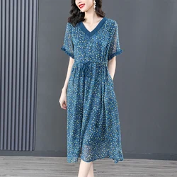 Spring Premium Silk Print Dress Women Fashion Fragmented V-Neck Loose Fit Beach Style Casual Holiday Dress Vestidos