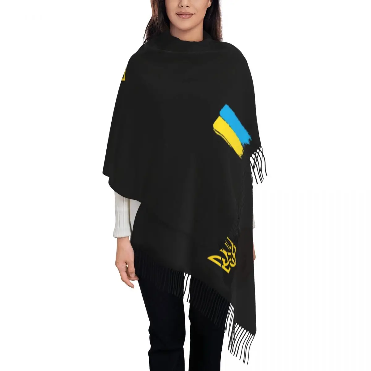 Bufanda de borla de rayas de bandera de Ucrania para mujer, chal cálido de invierno, abrigo de dama, pañuelos de Tryzub, elegante