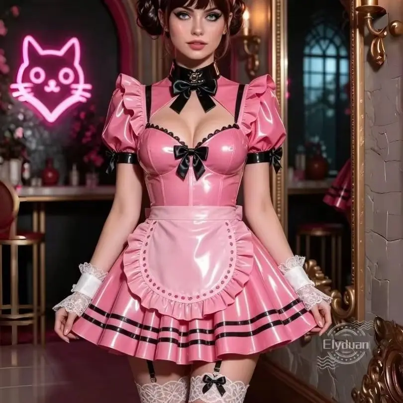 Glossy Pink PVC Mini Prom Dress Maid Cosplay Party Costume Short Puff Sleeves Keyhole High Collar Cocktail Dress Customized