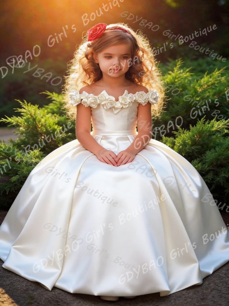 White Satin Flower Girl Dress for Wedding Off Shoulder Birthday Dress 3D Flowers First Communion Gown Kids Custom Party Frock