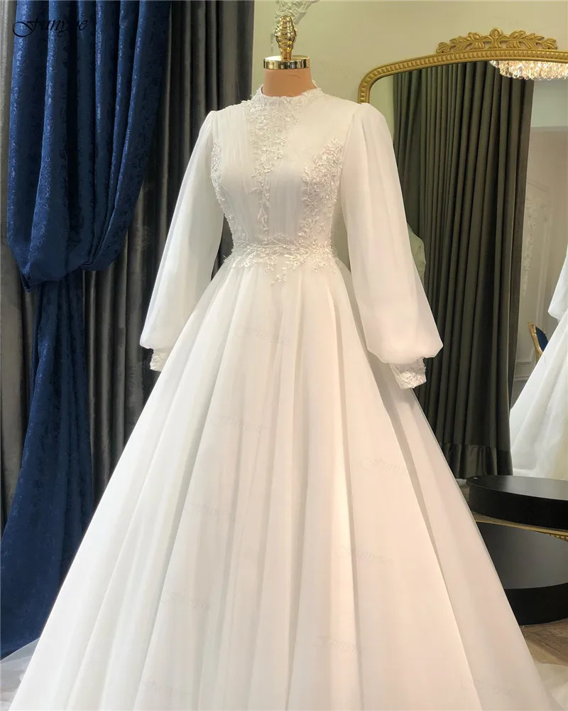 Funyue Elfenbein Lange Hülse Braut Kleid A-linie Tüll Spitze Muslim Brautkleider Appliques Prinzessin Brautkleider Vestidos De Novia