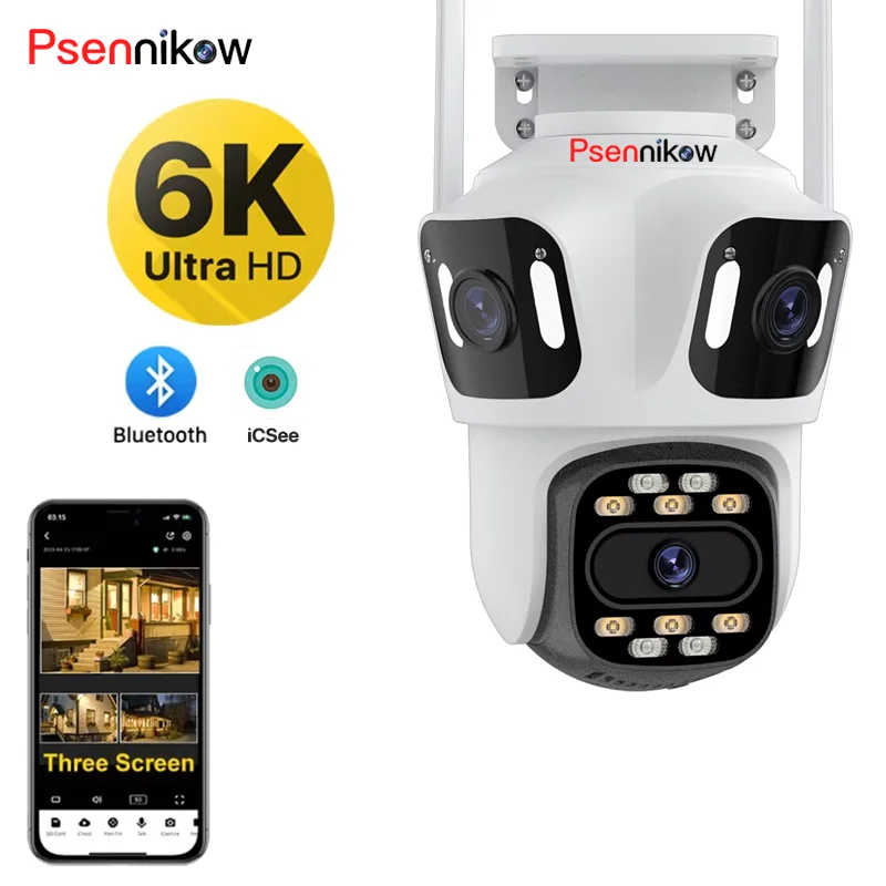 

6K 8MP HD WiFi Camera Outdoor Three Lens Three Screen Auto Tracking Security Protection PTZ Camera 4K Video Surveillance iCsee