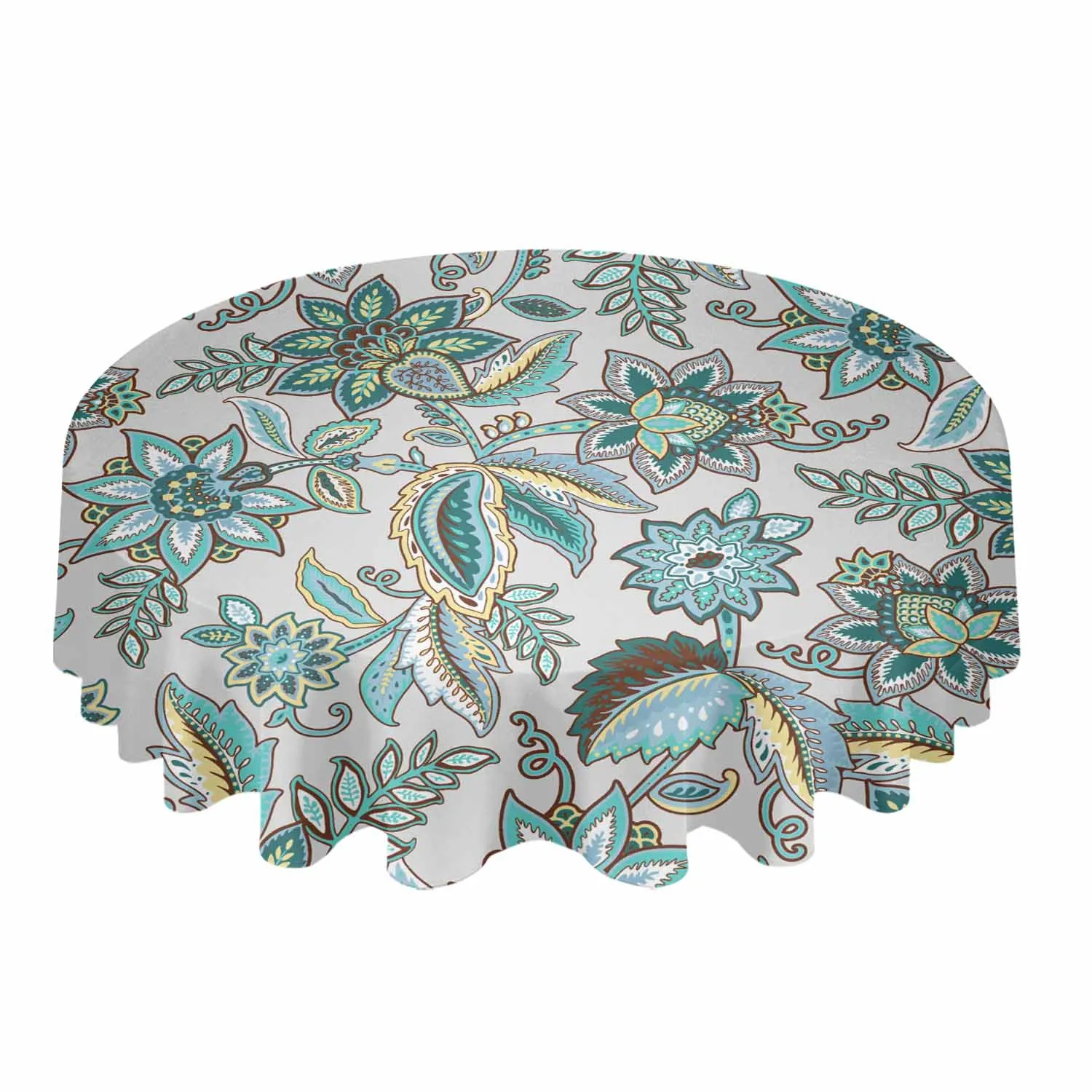 Ethnic Flower Leaves Vintage Turquoise Waterproof Tablecloth Tea Table Decoration Round Table Cover For Kitchen Wedding Home