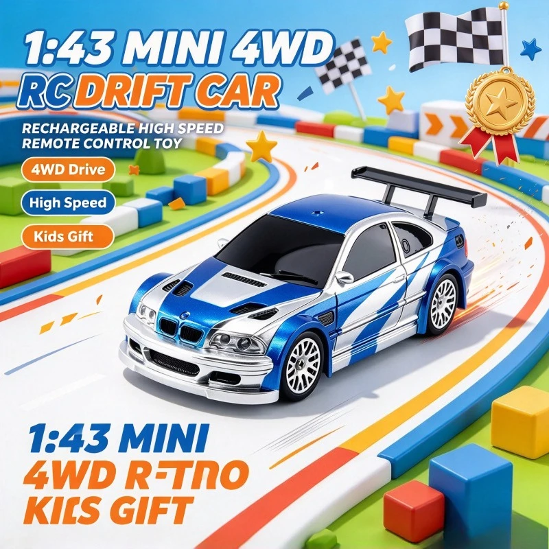 Rechargeable 1:43 Scale RC Drift Vehicle, Desktop Hobby 4WD Toy Car, Kids Birthday Present for Mini Racing Fun