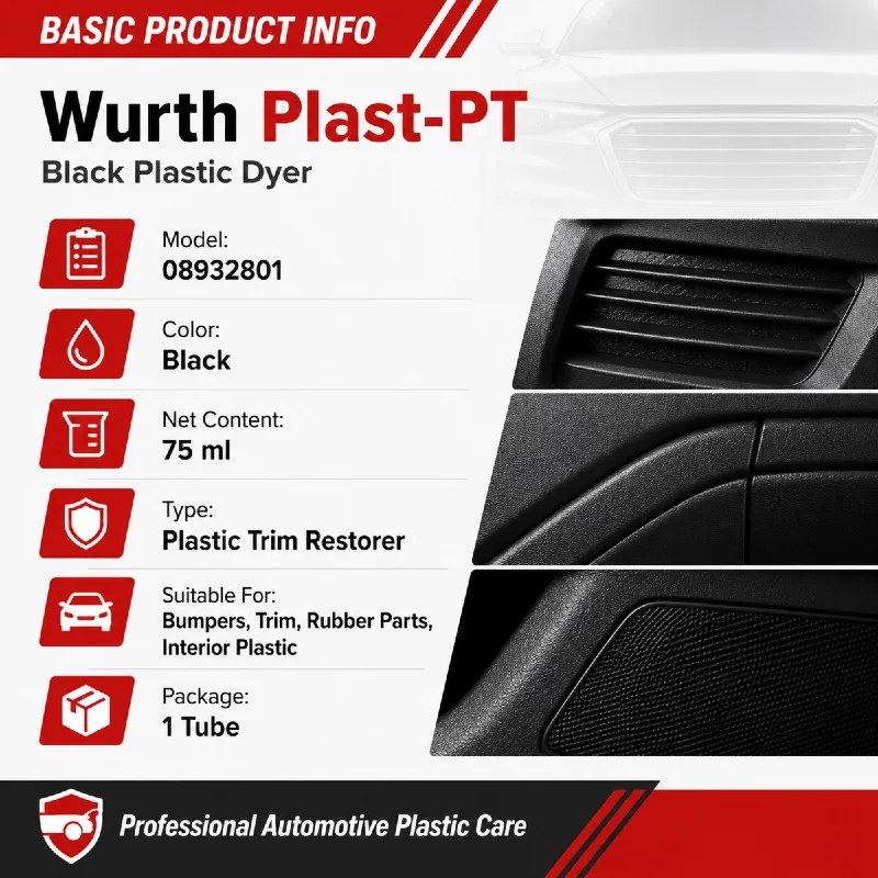 Original Wurth Plast-PT Plastic Dyer Black Plastic Trim Restorer Car Bumper Exterior Trim Paint Auto Detailing 75ml