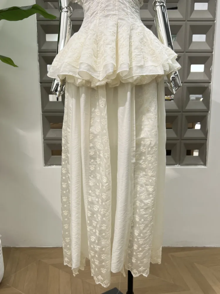 DFDG Donna 2025 Primavera Estate Designer Bohemian Ricamo Lace-up Crop Top Bubble Maxi Gonna Set da due pezzi